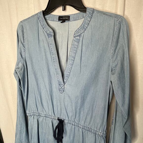 The Limited Blue Chambray Long Sleeve Jean Shift Mini Dress Size Small Tie Waist - Picture 3 of 10